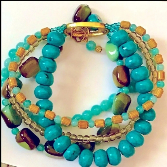 Beaded Five Strand Slip On Bracelet Vintage‎ Stretchy Turquoise Gold - Picture 1 of 10